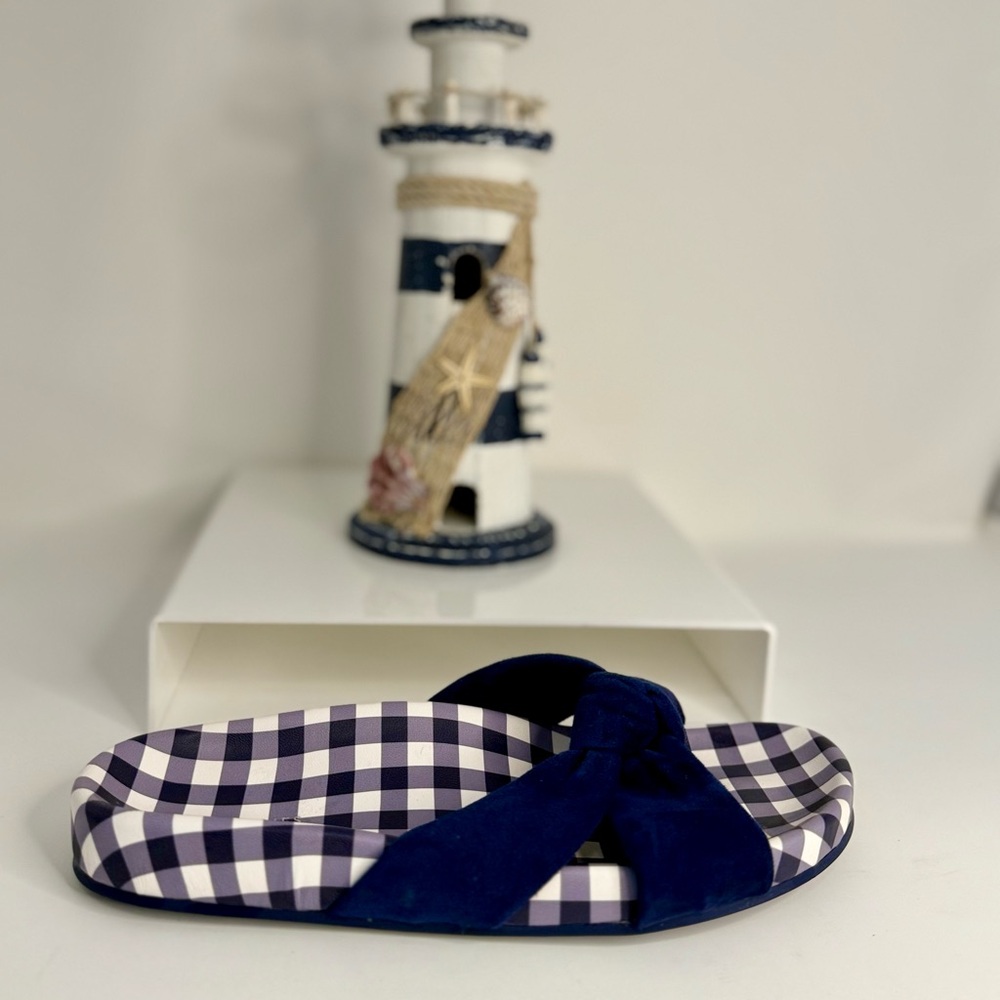 🌸DRAPER JAMES pre-ownef Navy Gingham Bow Slide Sandals. Size 7.5. WSAND55.